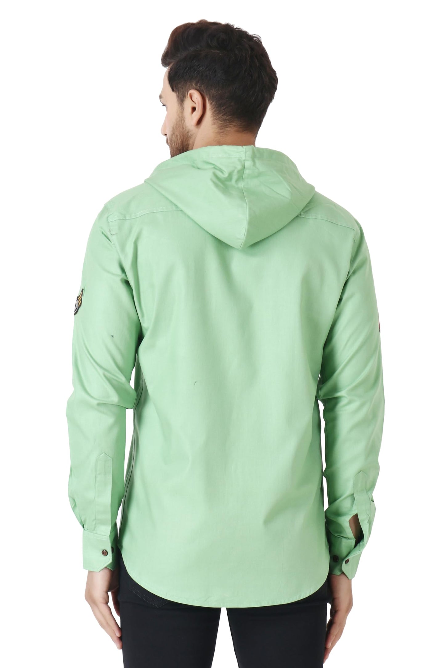 Besix MenS Green Tailored Fit Cotton Blend Shirt For Man With Hoodie - Casual Long Sleeve Shirt With Pockets - Patch Detail For