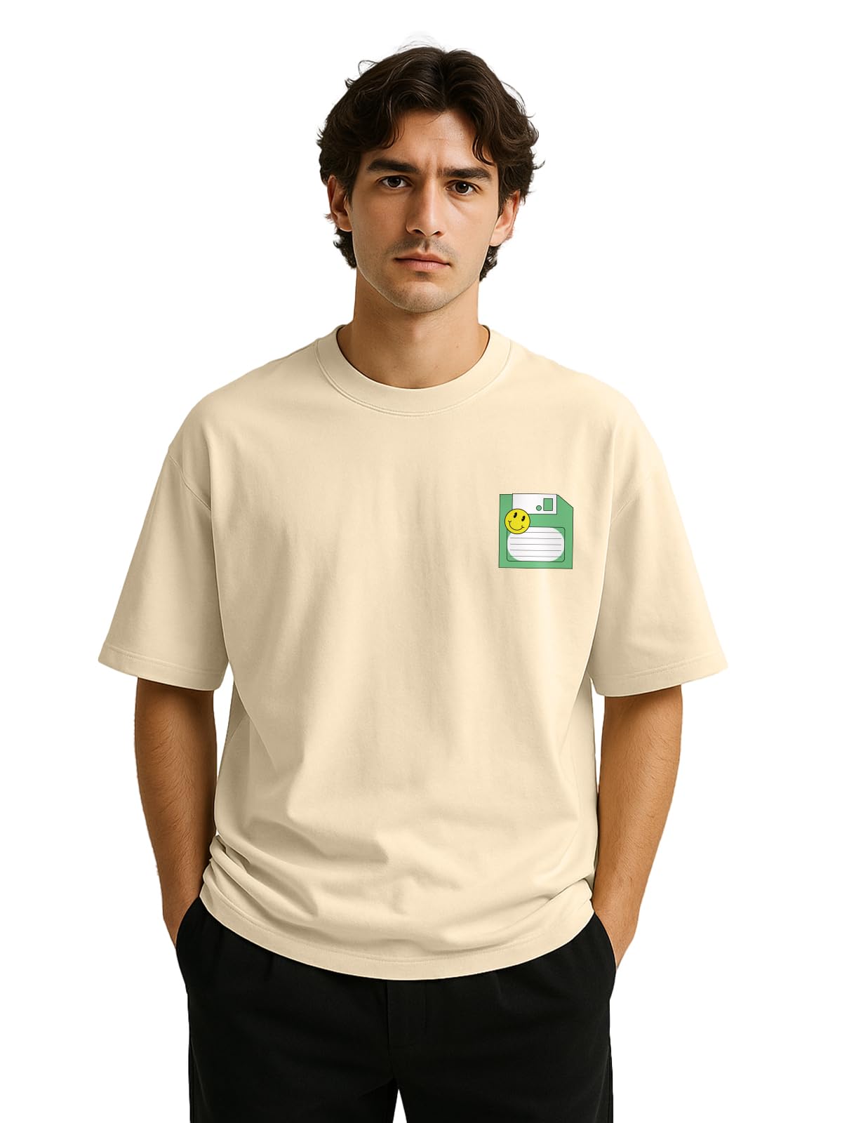 Veirdo Mens Oversize Loose Baggy Fit Drop Shoulder and Pocket Floppy Print Design Short Sleeve T-Shirt For