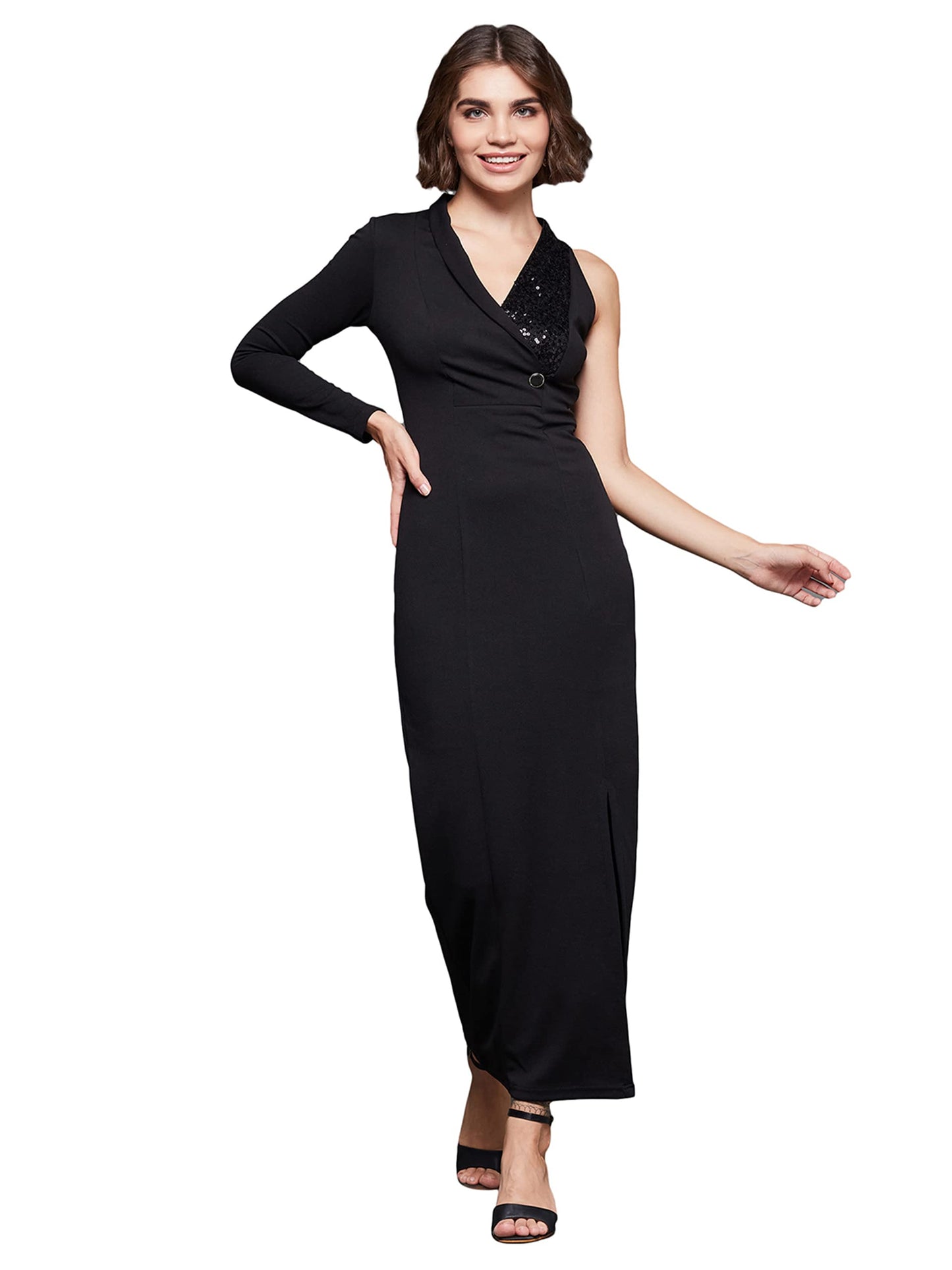 Miss Chase Womens Solid Asymmetric Sequined Maxi Dress (MCSS25D93-51-348-06, Pitch Black, XL)