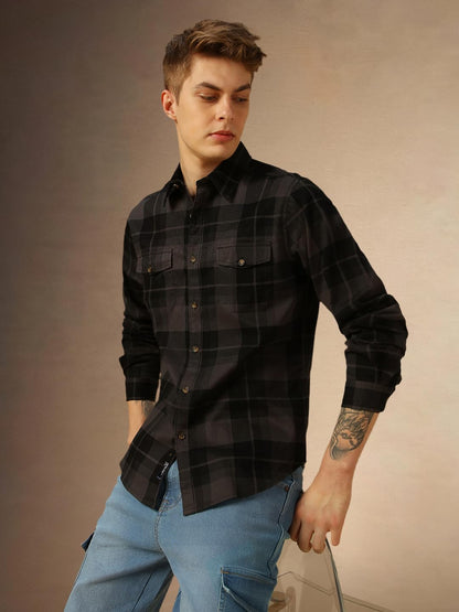 Dennis Lingo Men Grey Checks Cotton Regular Fit Full Sleeve Shirt