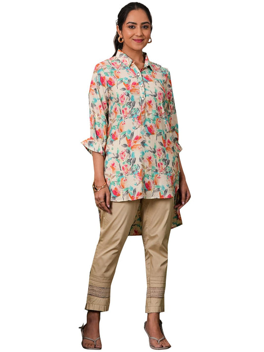 Libas Cream Printed Silk Blend Pathani Kurti