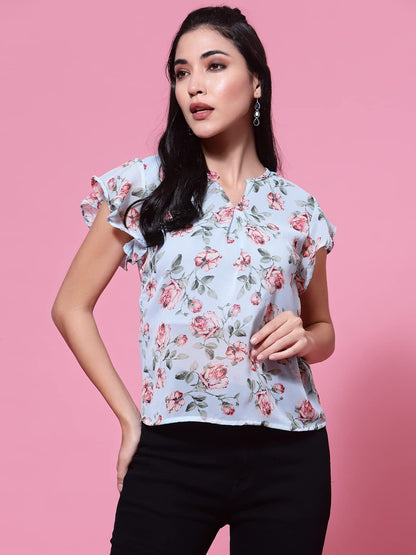 OOMPH! Womens Georgette Printed top with Keyhole Neck and Flutter Sleeve