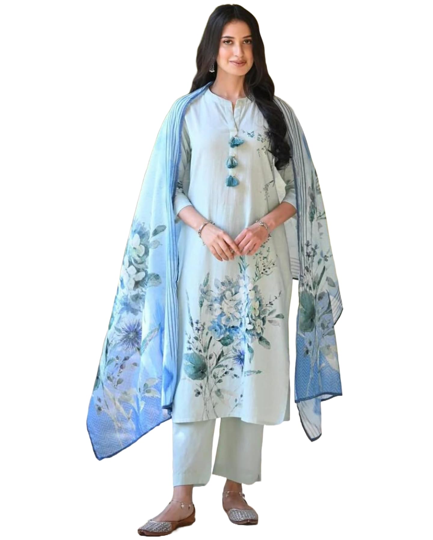 ANNI DESIGNER Ladies Cotton Blend Dupatta Kurta Trousers, Light Brown::Blue, S