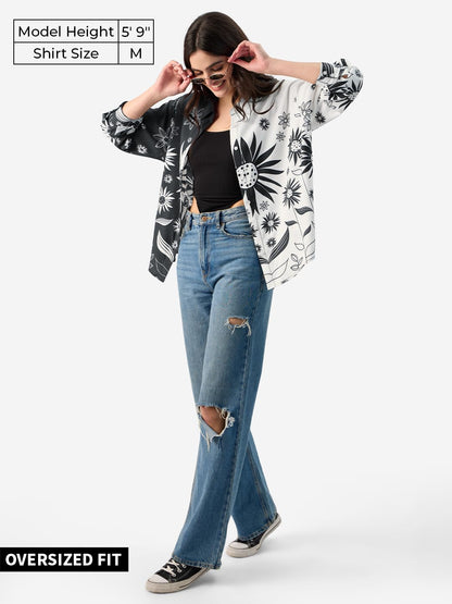 The Souled Store Floral Yin Yang Long Sleeve Collared Neck Button Front Black and White Graphic Printed Boyfriend Shirts for Wom