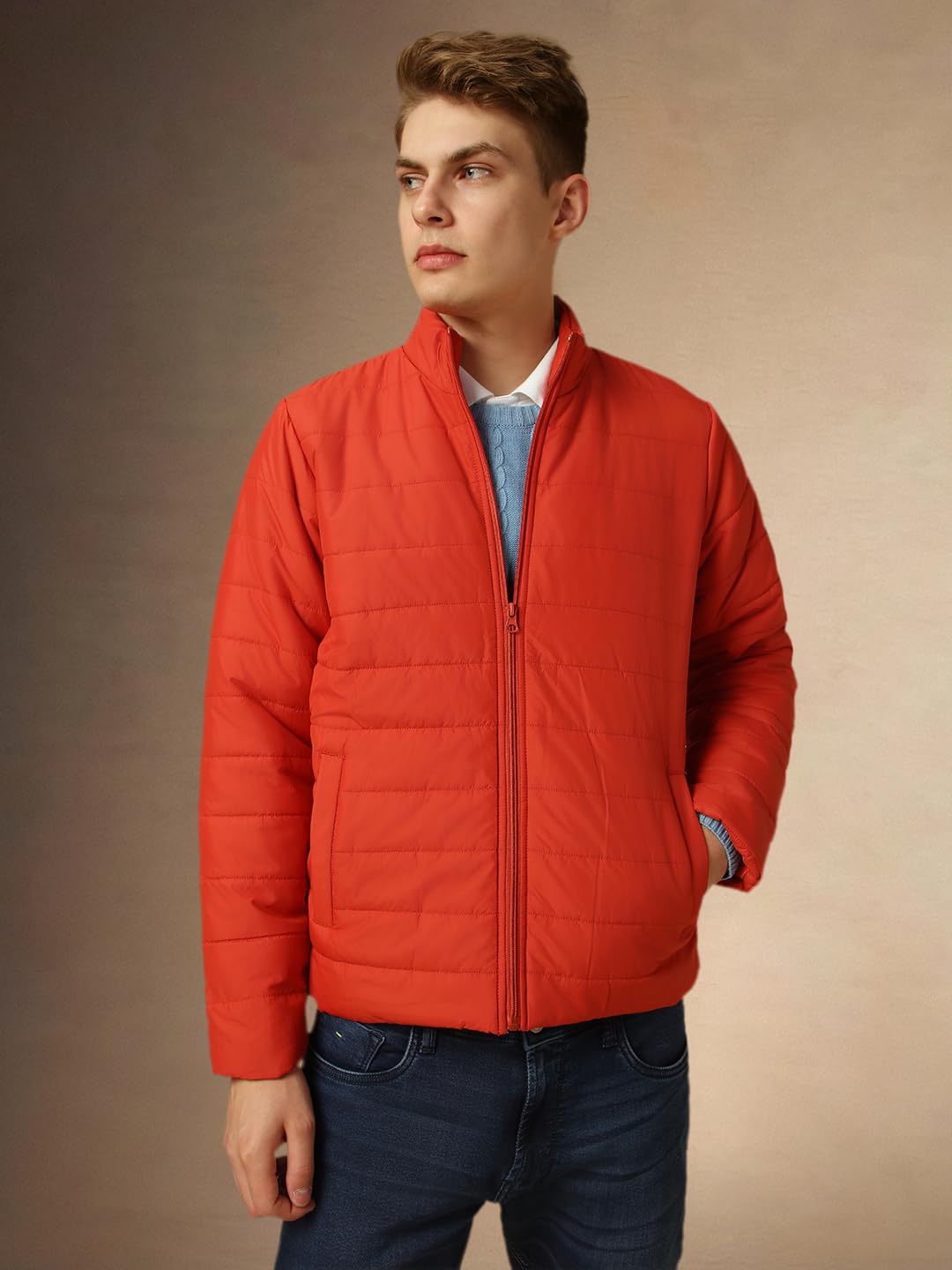 Dennis Lingo Men Rust Solid Regular Fit Full Sleeve Mock Collar Padded Jacket