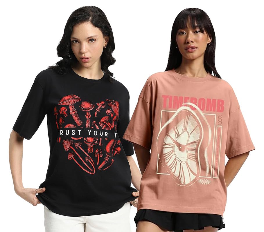 Juneberry Pure 100% Cotton Oversized Loose Baggy Fit Drop Shoulder Latest Aesthetic & Cool Graphic Prinred Half Sleeve T-Shirts