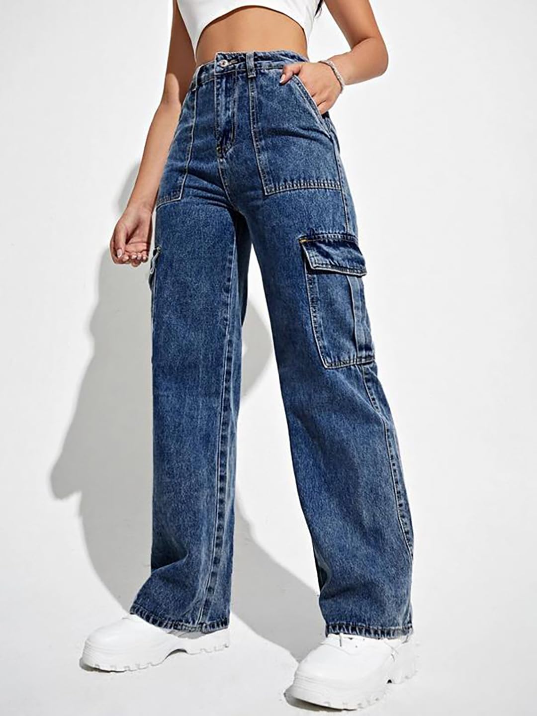 Kotty WomenS Solid High Rise Relaxed Fit Cargo Jeans(Blue,34)