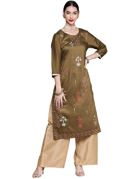 ZIYAA Women Women's Olive Green Chinon Straight Kurta