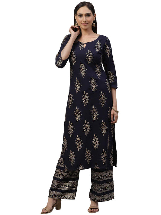 Anni Designer WomenS Rayon Straight Kurta With Palazzo (Navy Blue,S)