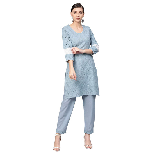 idaLia Cotton Blend Kurta Set for Women, 3/4 Sleeve, Calf-Length, Elegant Design for Special Occasions