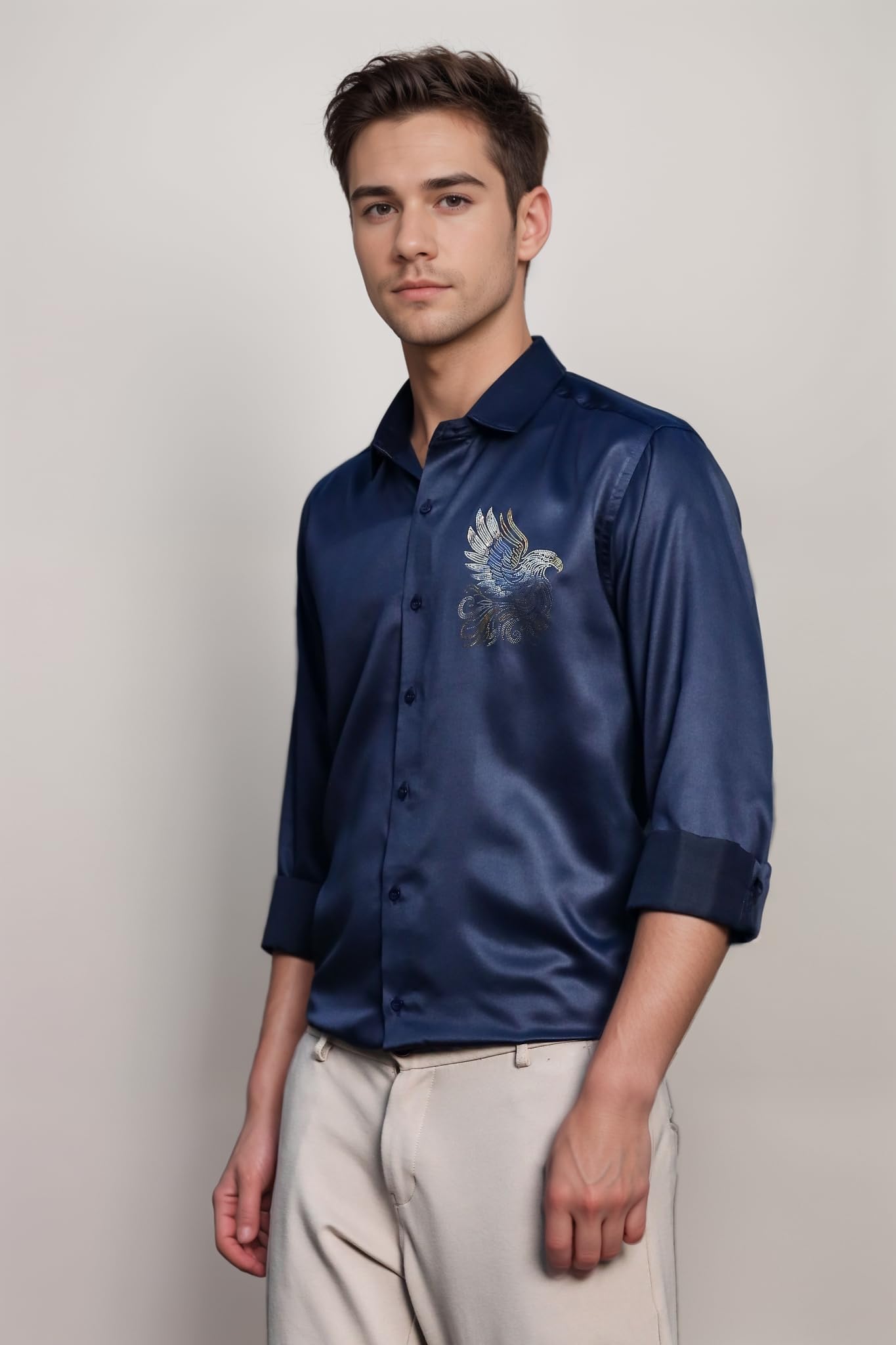 Indoprimo MenS Stylish Long Sleeve Satin Sequence Print Shirt Navy