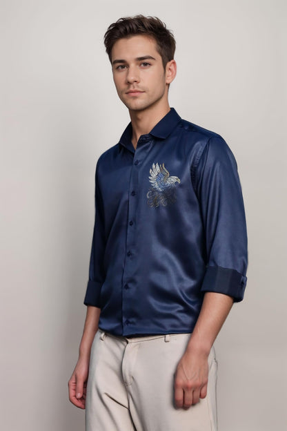 Indoprimo MenS Stylish Long Sleeve Satin Sequence Print Shirt Navy