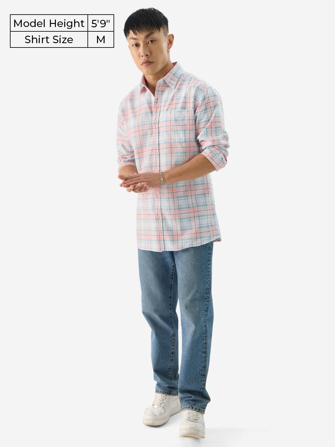 The Souled Store Plaid: Single Patch Men and Boys Long Sleeve Collared Neck Button Front Pink and Blue Cotton Relaxed Fit Shirts