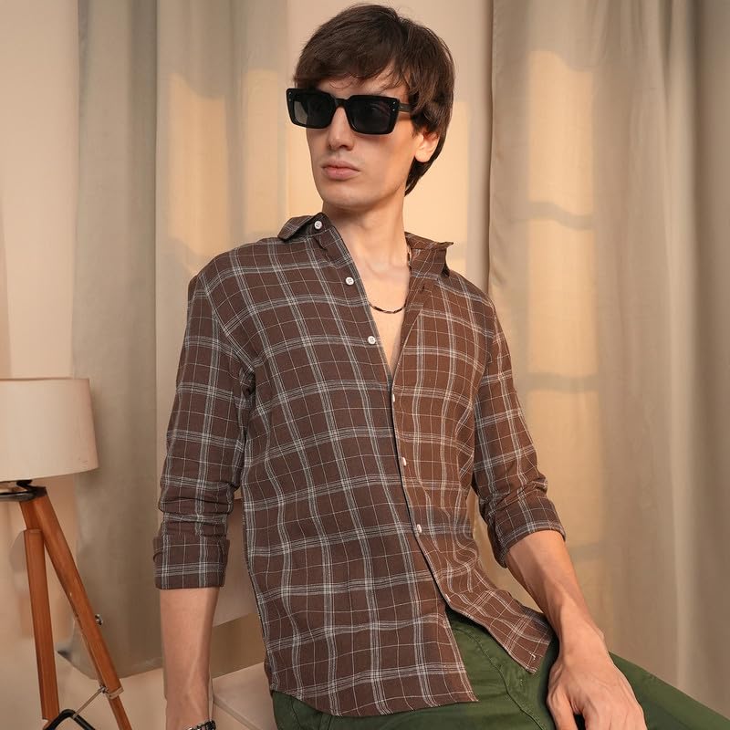 Campus Sutra Mens Chocolate Brown Tartan Plaid Shirt | Casual Wear | Spread Collar | Long Sleeve | Button Closure | Shirt Craft