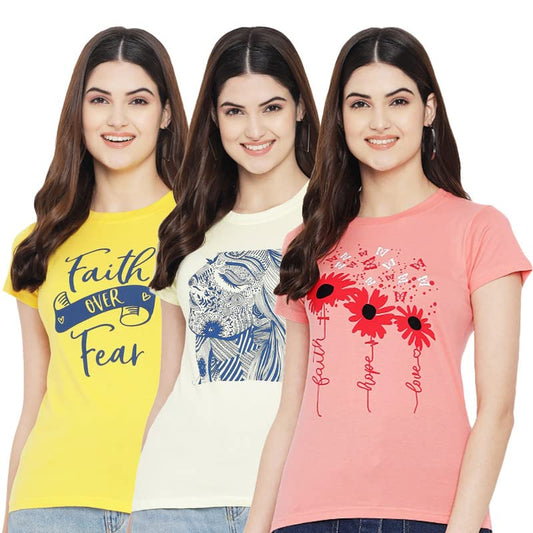 Preneum Womens Cotton Regular Fit Latest Graphic Stylish Printed Short Sleeves Casual T-Shirt || Trend & Stylish (Pack 3), Yell