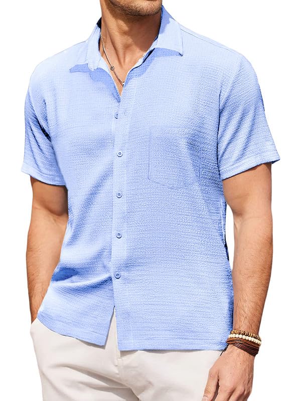 Pinkmint Mens Popcorn Shirt Comfortable Short Sleeve Shirts Casual Textured Shirt (Pack of 1) Aqua Blue