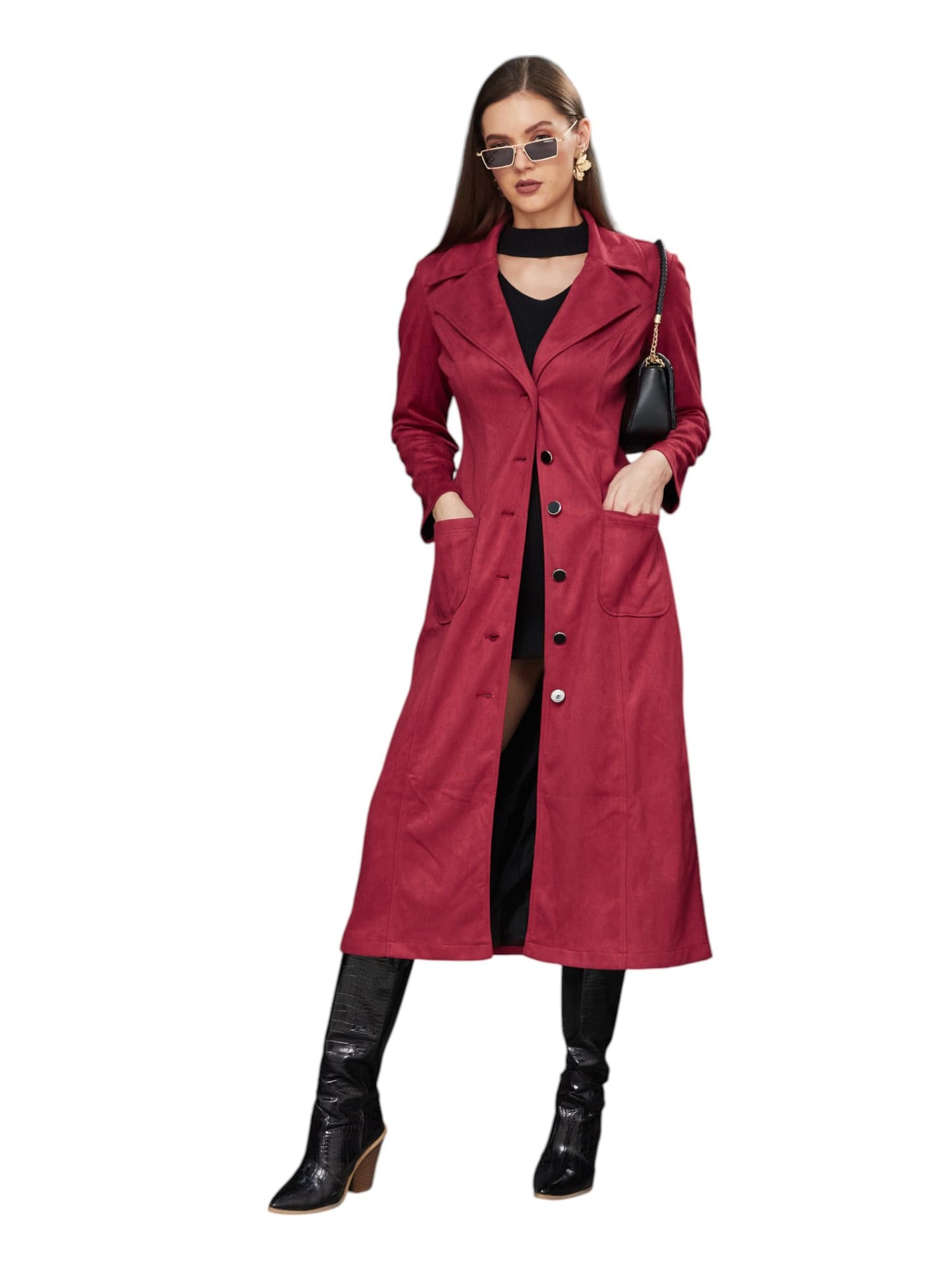 Miss Chase Womens V-Neck Full Sleeves Longline Winter Wear Jacket (MCAW24JKT99-43-287-03, Dark Red, S)