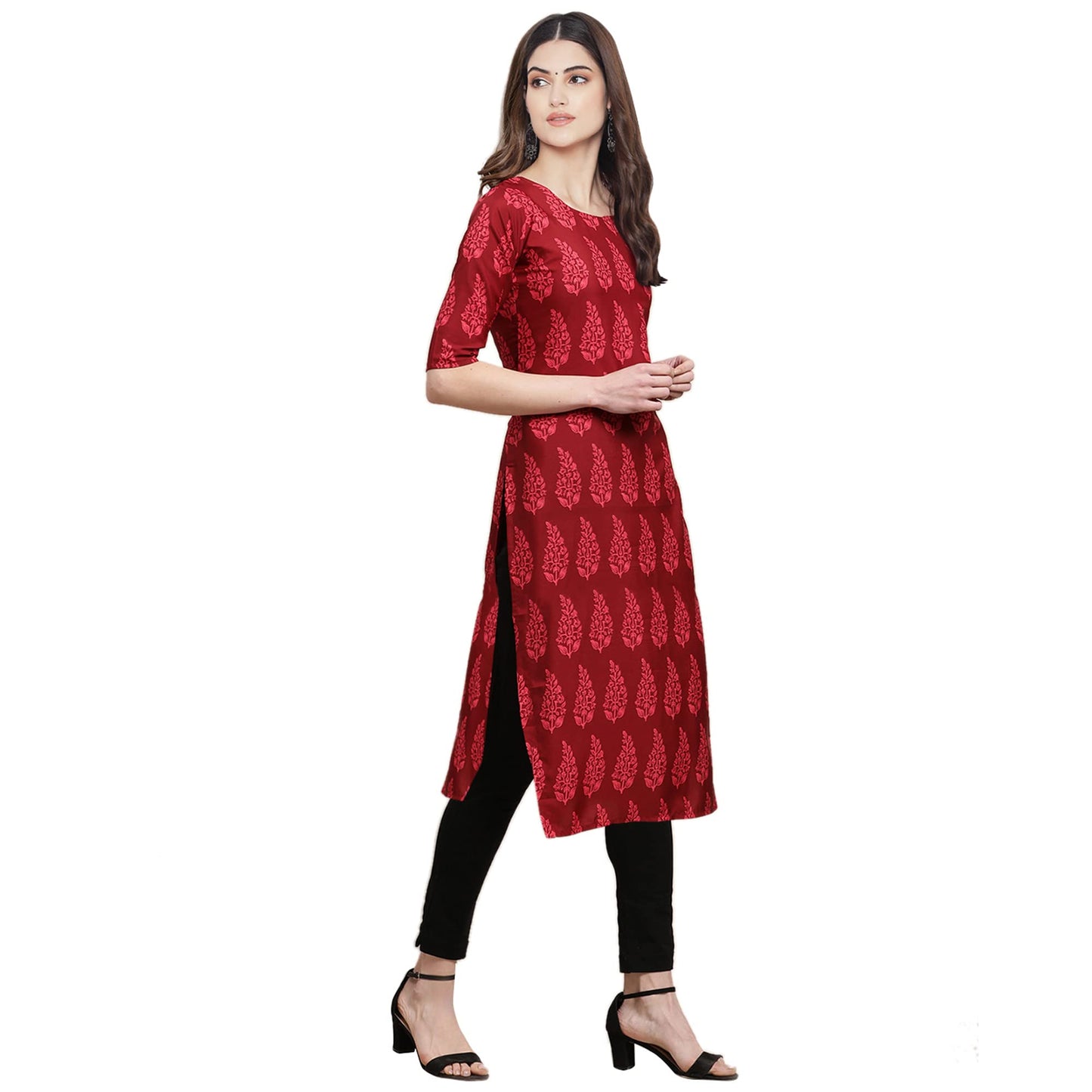 Pinkmint Women's Crepe Maroon Color Floral Digital Printed Straight Kurti [F-530337]