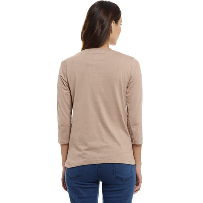 Campus Sutra Womens Solid Beige Crew Neck Long Sleeve Regular Fit Top for Casual Wear |Structured Top Crafted with Comfort Fit