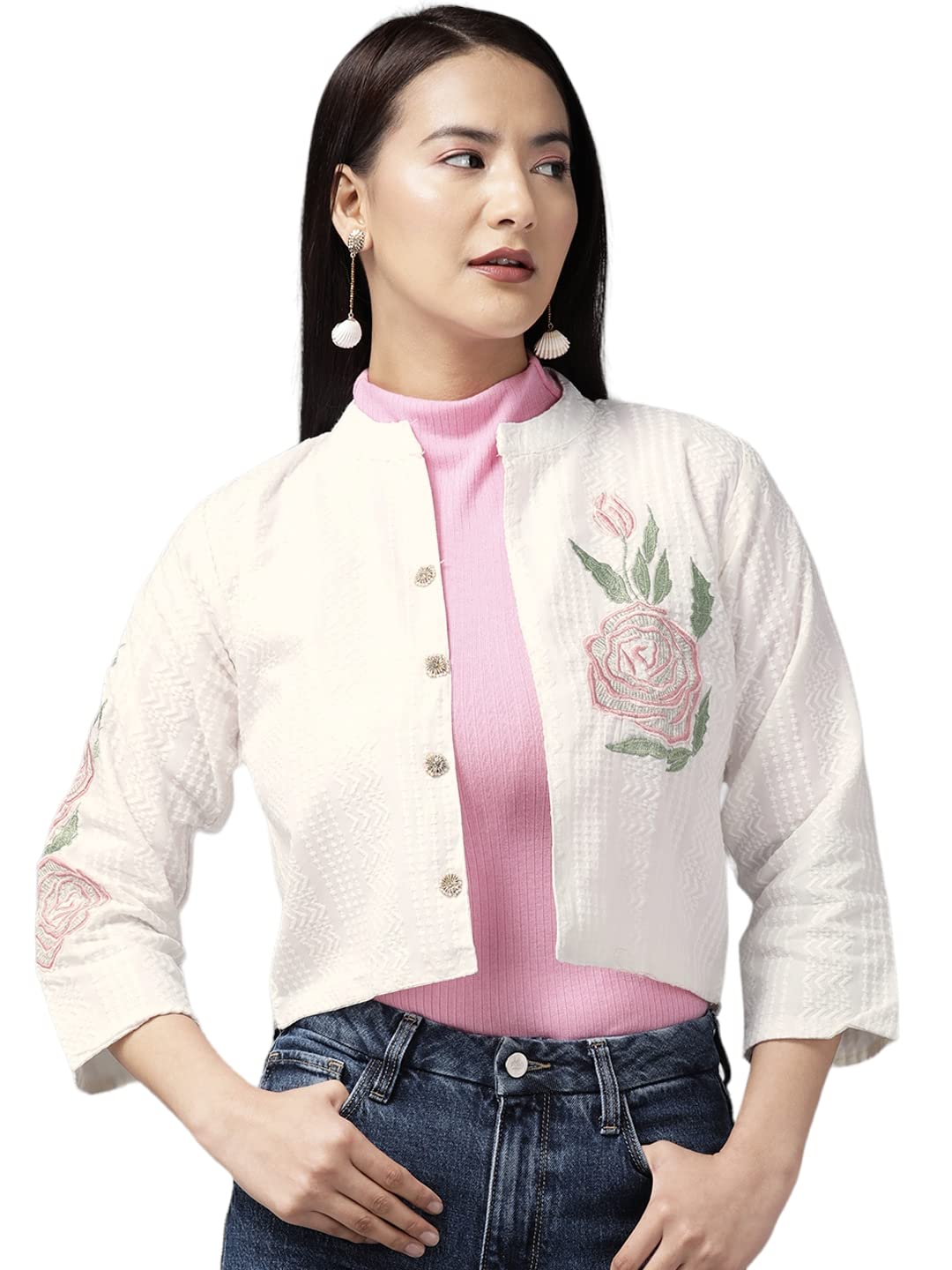 Aarika Womens White Color Embroidered Ethnic Jakcet (JK-W-AK-511-WHITE-PINK-36)
