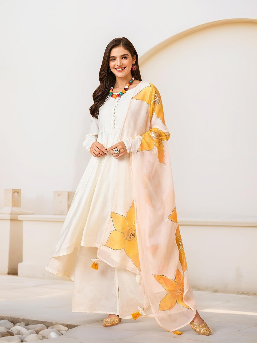 ishin Women Solid off-white anarkali kurta with pants and floral dupatta