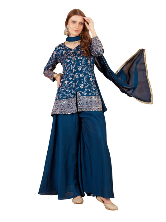 Xomantic Fashion Womens Beautiful Silk Short Kurta Palazzo In Blue With Embroidery And Sequins Work With Show Buttons (In, Alpha
