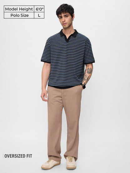 The Souled Store Jacquard Polo: Twilight Men and Boys Short Sleeves Collared Neck Striped Cotton Oversized Polos