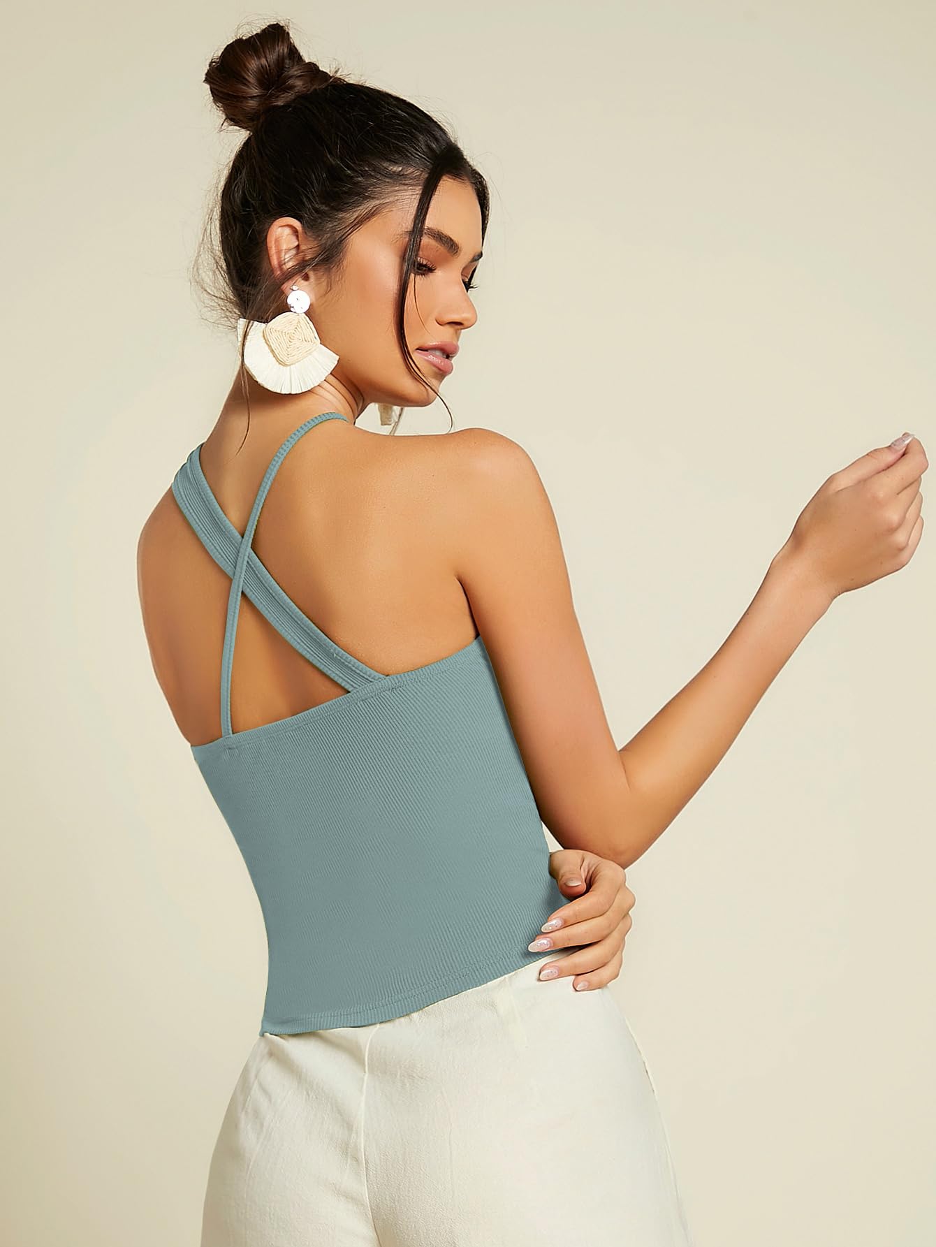 Sugathari Womens Teal Green Criss Cross Front Ribbed Knit Korean Trendy Tank Western Tops for Women Stylish (T-Shirt 183 Teal-X