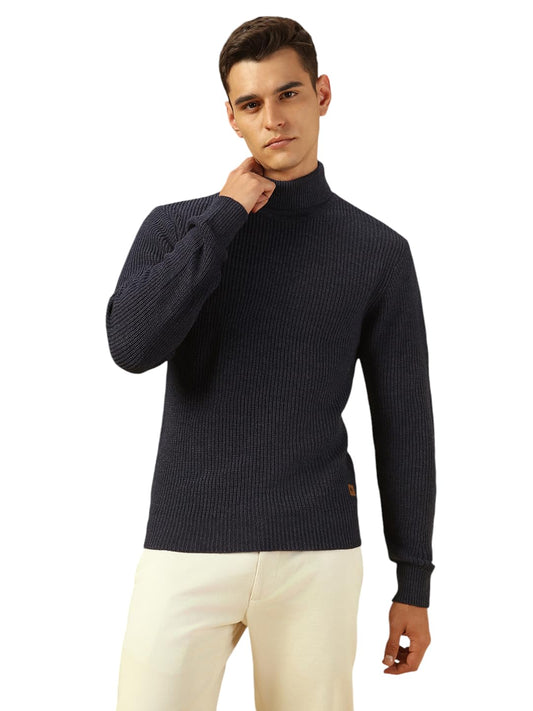 Dennis Lingo Men Regular Fit Acrylic Solid Full Sleeves Turtle Neck Pullover Sweater Navy Blue