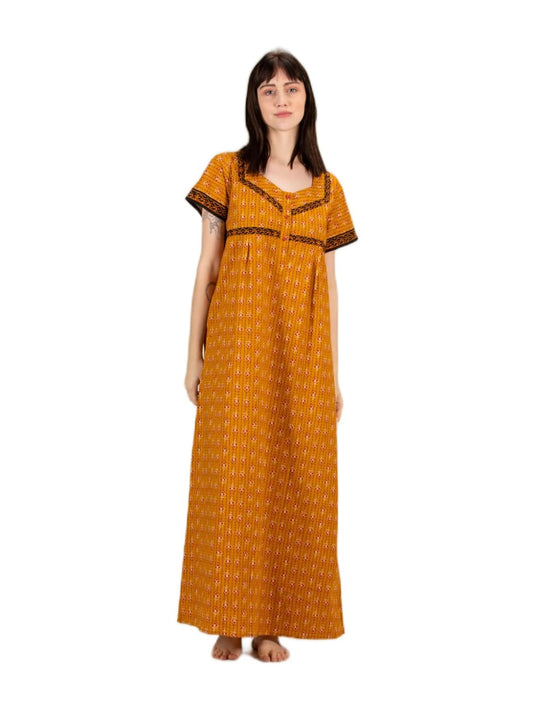 Evolove WomenS Cotton Long Maxi Night Gown Nighty Dress With Pocket & Stylish Button, Super Soft Comfortable (Yellow & Black, L