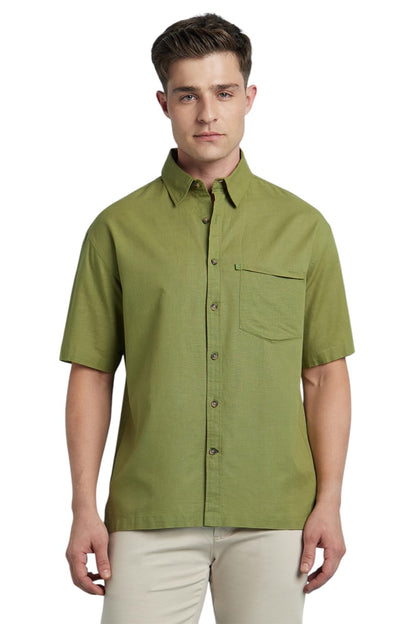 Dennis Lingo Men Cotton Relaxed Fit Textured Shirts Green