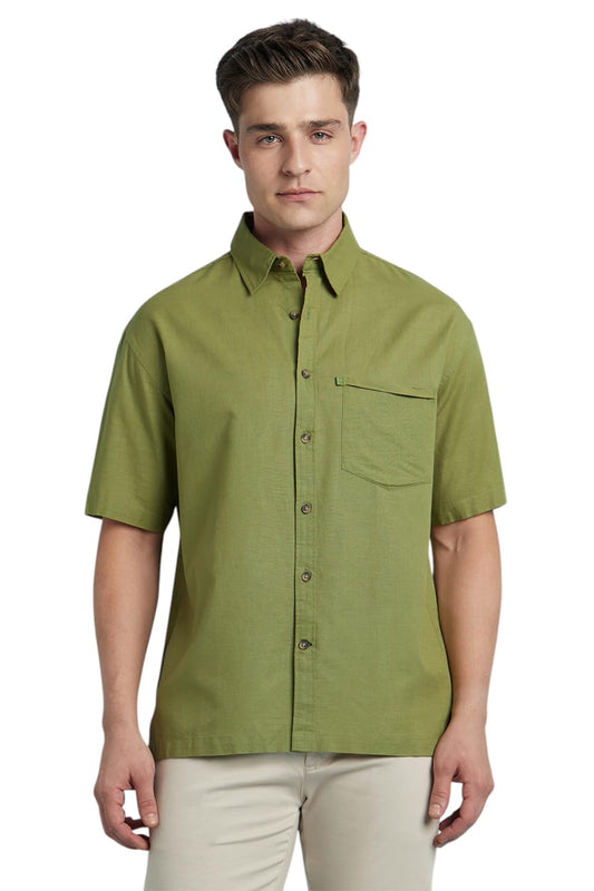 Dennis Lingo Men Cotton Relaxed Fit Textured Shirts Green