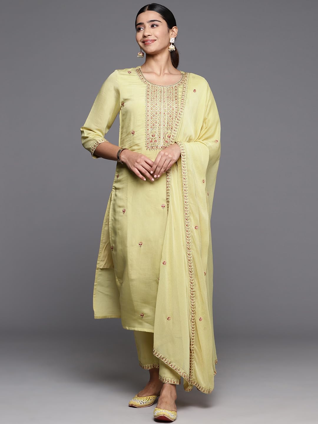 VARANGA Women Beige Embroidered Straight Kurta Paired With Tonal Embroidered Bottom And Embroidered Dupatta