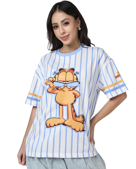 Bewakoof Heavy Duty 1.0 Official Garfield Merchandise Womens Graphic Print Oversized Fit Half Sleeve Round Neck Cotton Terry T-