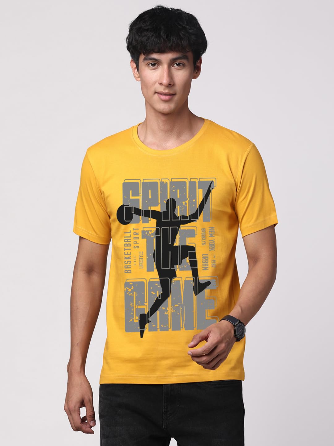 ADRO Sports Design Printed T-Shirt for Men - 100% Cotton, Regular Fit, Soft Breathable Fabric. (RN23-M-SPR-MU_Mustard)