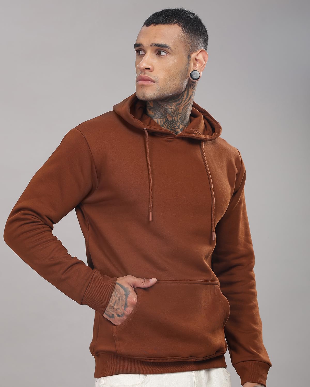 ADRO Men's Cotton Neck Hooded Sweatshirt (H24-M-PLN-BR_Downtown Brown