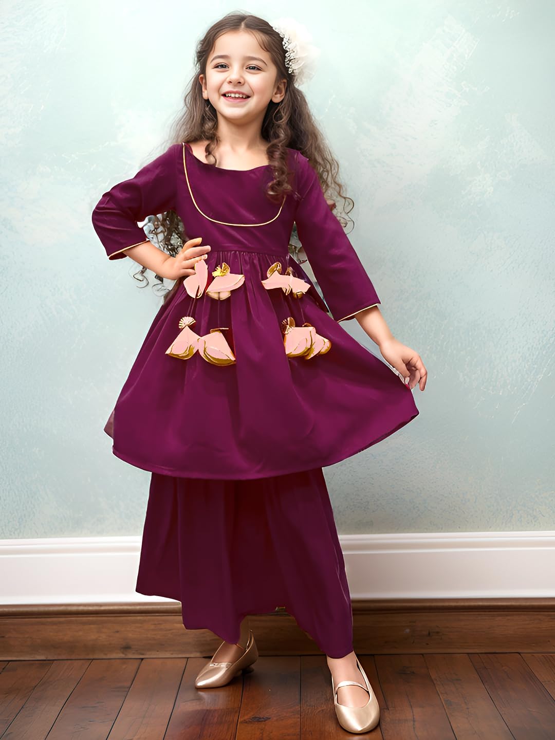 A.T.U.N. (All Things Uber Nice) A.T.U.N. Girls Wine Kurta With Sharara Set