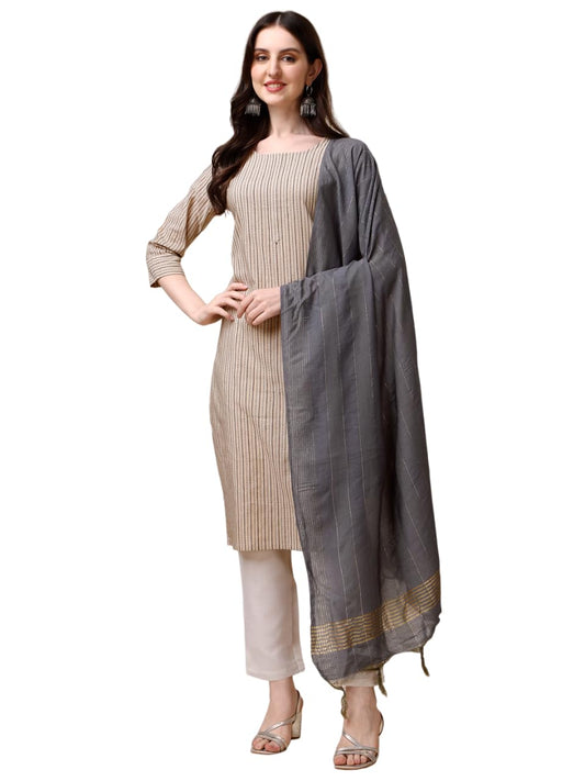 Fashion Basket Women Cotton Striped Printed Kurta Set With Pant & Dupatta (Medium, Beige)