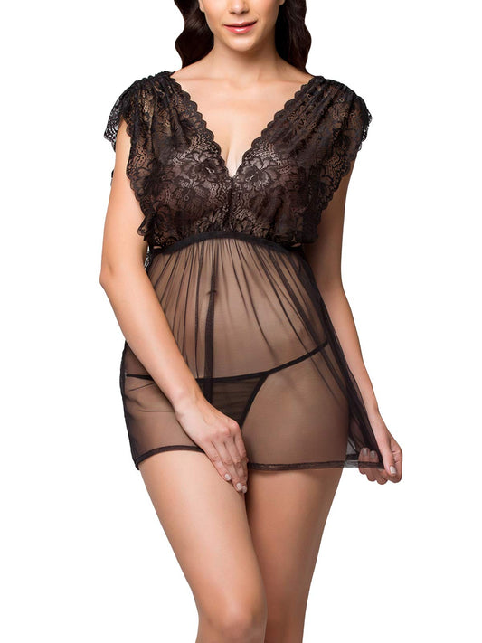 Clovia Womens Short Deep Scallop Neck Sheer Babydoll with Matching Thong (NS0683P13_Black_L)