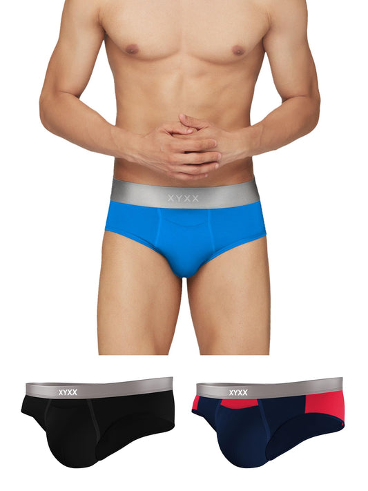 XYXX Mens Underwear Illuminati IntelliSoft Antimicrobial Micro Modal Brief Pack of 3 (Black Iris & Tango Red ; Brilliant Blue ;