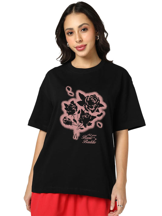 Bewakoof Womens Graphic Print Oversized Fit Half Sleeve Round Neck Pure Cotton T- Shirt_1004097_Black_L