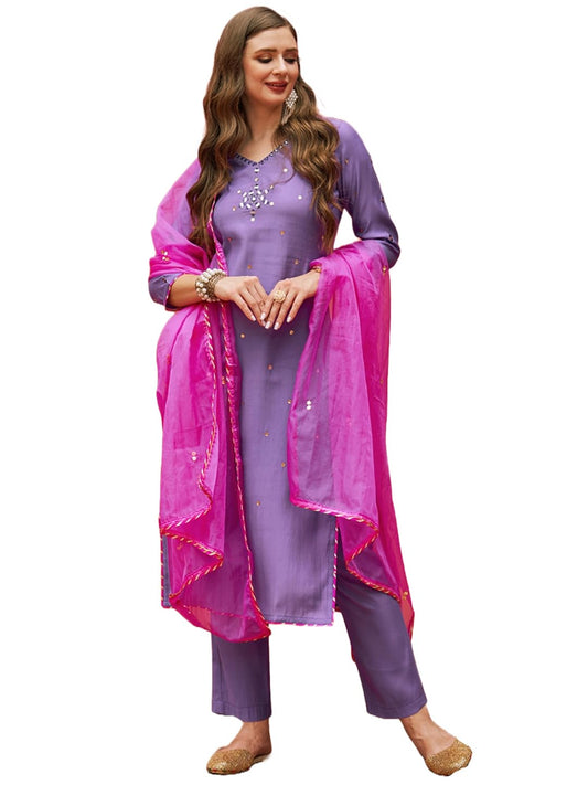 ANNI DESIGNER Women's Cotton Blend Mirror Work Straight Kurta with Pant & Dupatta