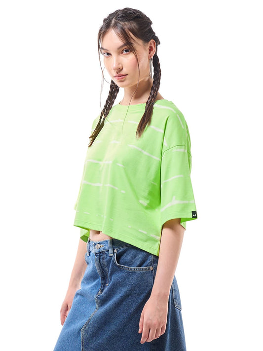 Bewakoof WomenS All Over Printed Oversized Fit Half Sleeve Round Neck Cotton Jersey Short Top_627789_Green_Xl