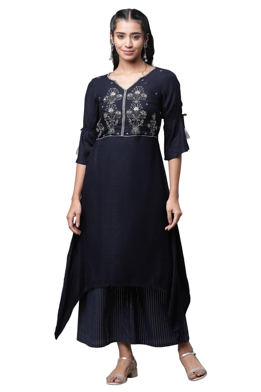 Aurelia Women Dark Blue Viscose Asymmetrical Kurta, Palazzos Suit Set