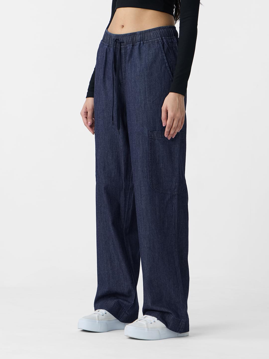 The Souled Store Denim Pants: Raw Blue Women and Girls Drawstringed Solid Straight Fit Cotton Jeans