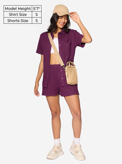 The Souled Store Solids: Spiced Plum Women and Girls Short Sleeves Collared Neck Button Front Textured Cotton Blend Boyfriend Sh