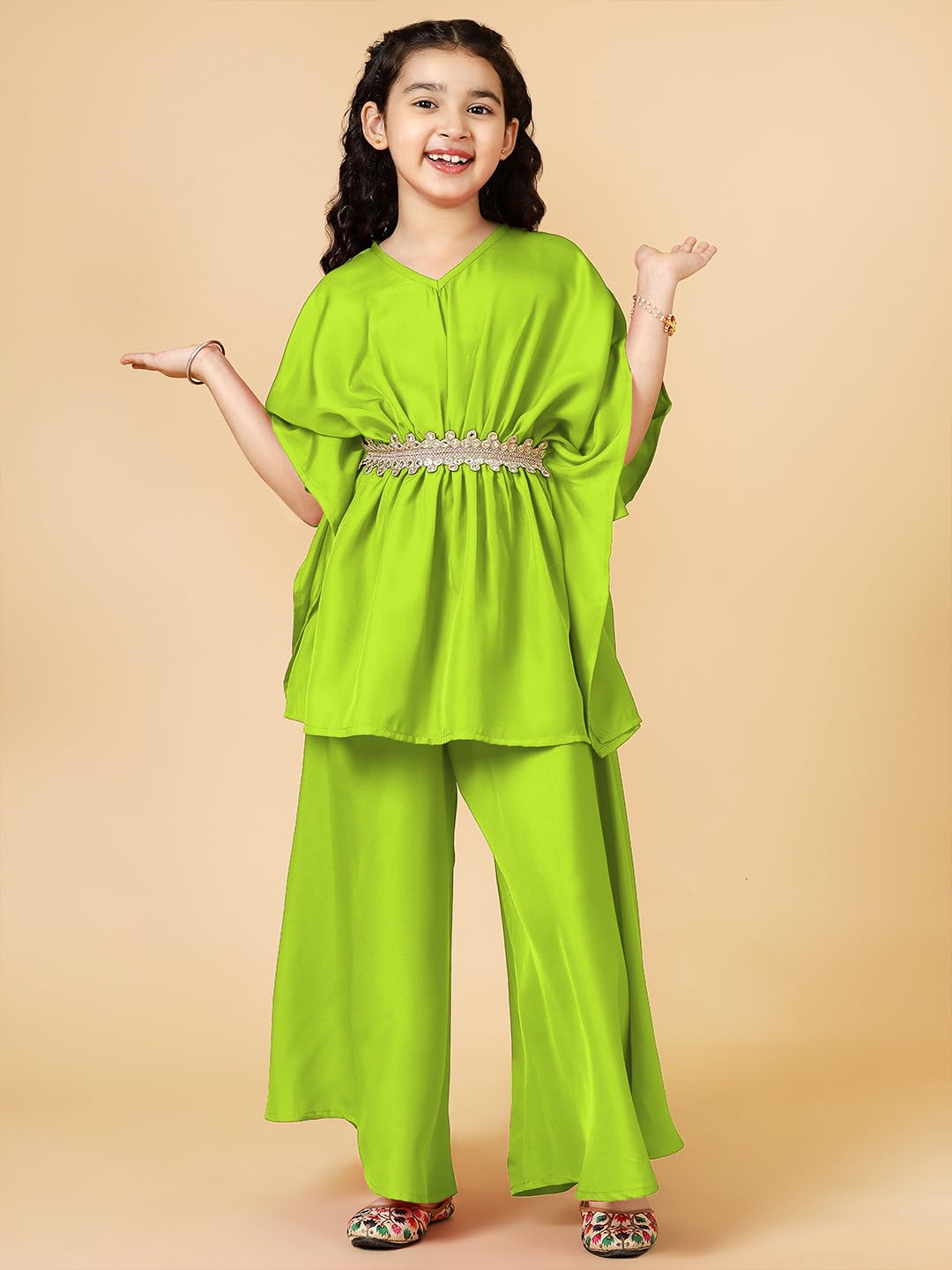 A.T.U.N. (ALL THINGS UBER NICE) Girls Solid Polysilk Lime Green Kaftan with Flared Pant Set