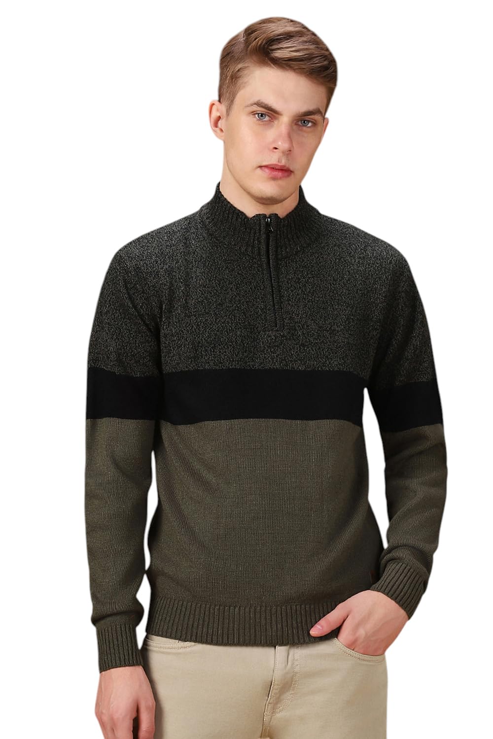 Dennis Lingo Men Colorblock Acrylic Regular Fit Full Sleeves Pullover Sweater Black