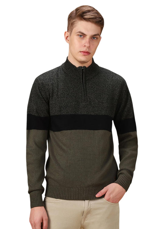 Dennis Lingo Men Colorblock Acrylic Regular Fit Full Sleeves Pullover Sweater Black