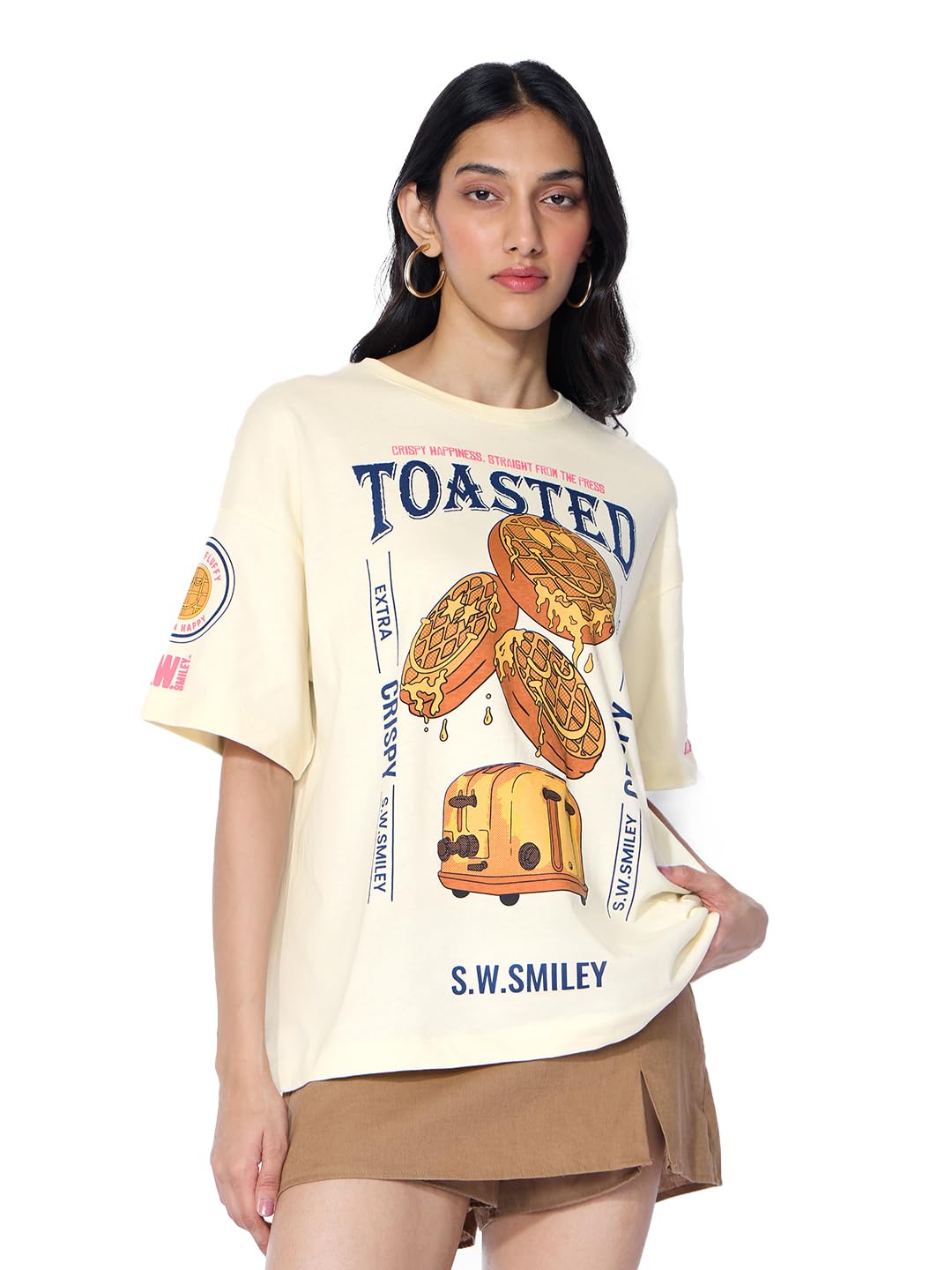 The Souled Store Smiley: Toasted Smiles Women and Girls Short Sleeves Round Neck Off White Graphic Printed Cotton Oversized T-Sh